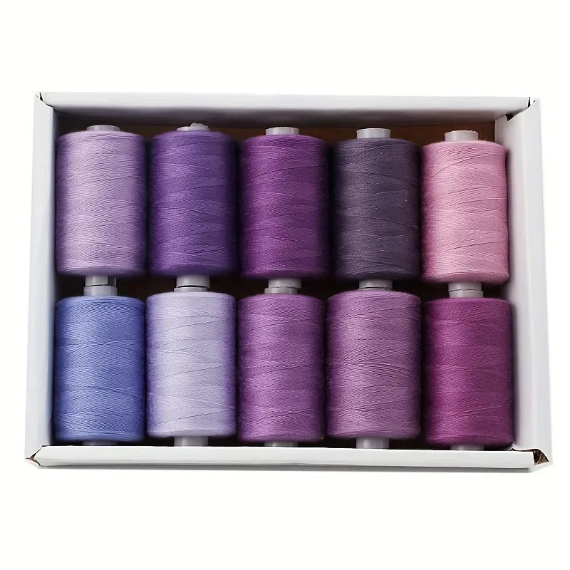A box containing ten spools of high-quality polyester sewing thread in various shades of purple and lavender.