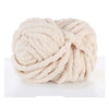 A ball of light beige hand-woven chunky chenille yarn.