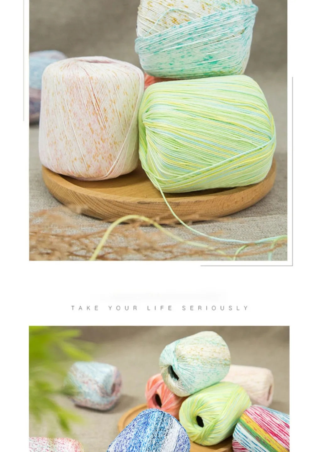 A stack of hand knitting yarn in various pastel colors, including pink, mint green, and yellow, resting on a wooden surface.