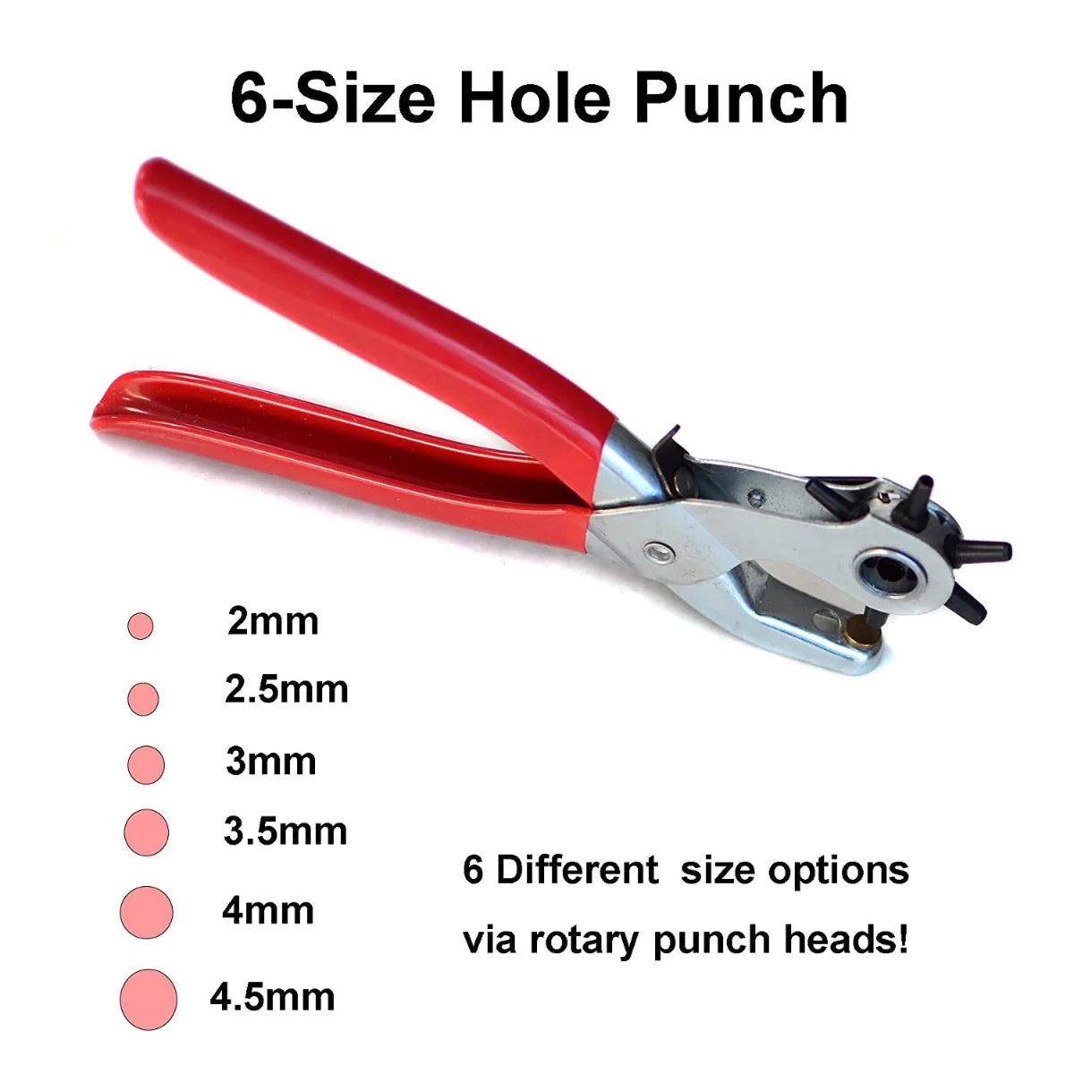 A red precision rotating leather punch set with six different size options for making holes.