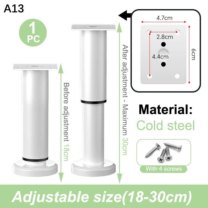 A set of adjustable cold steel furniture support legs shown with various heights and screw attachments.