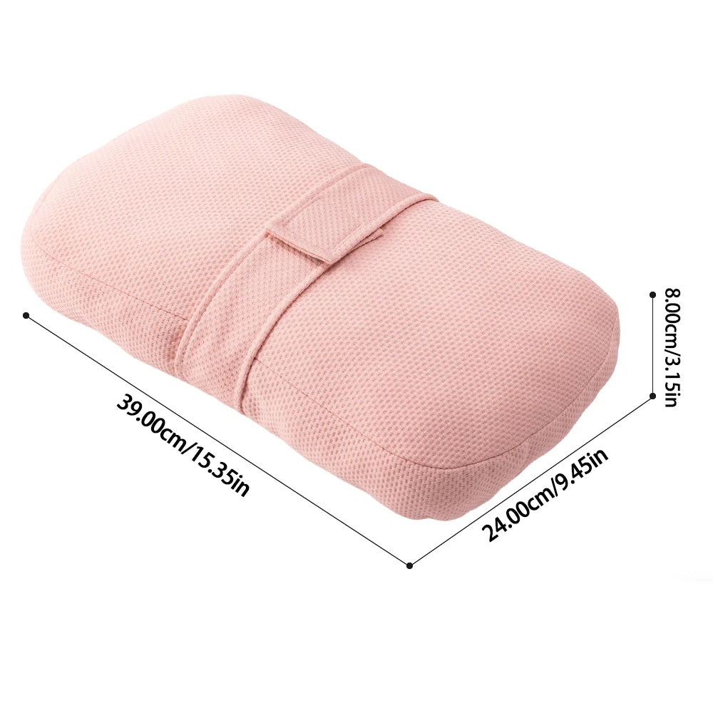 Pink ergonomic knee pillow designed for side sleepers with adjustable thickness.