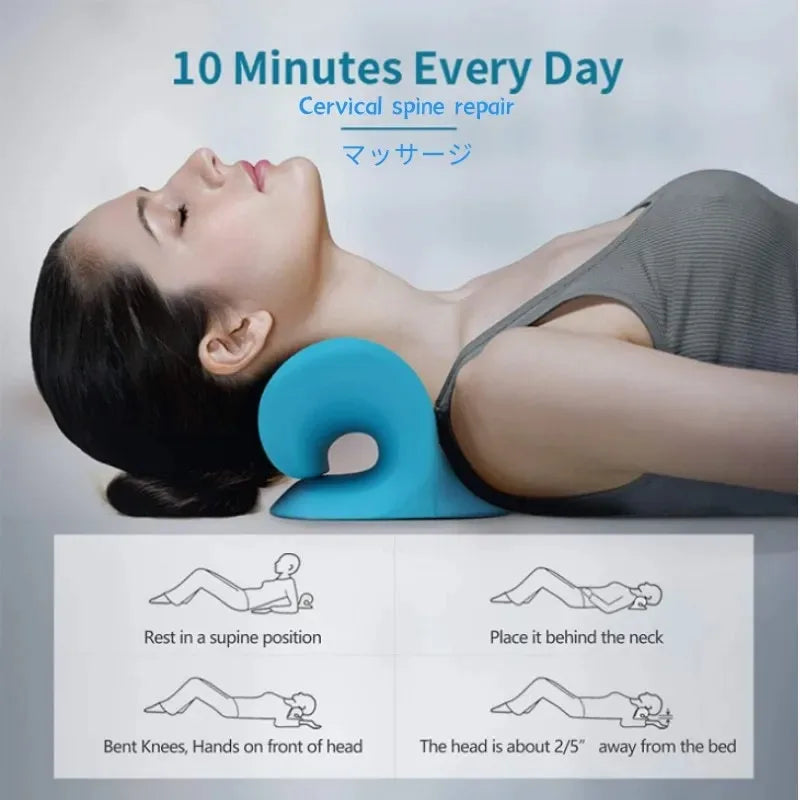 A woman is performing a cervical spine repair massage using a blue pillow while resting.