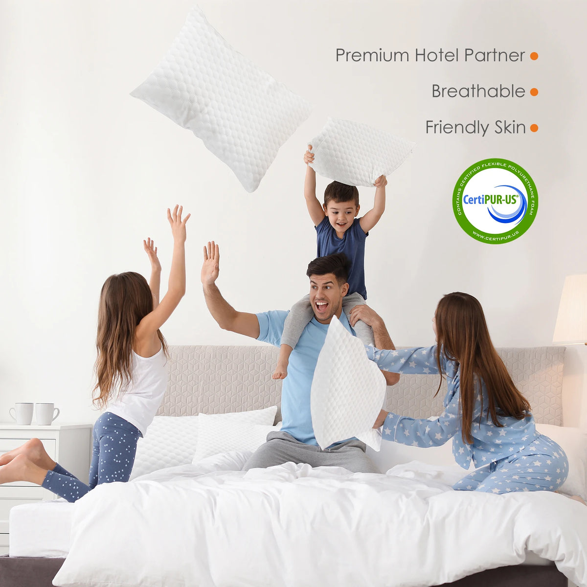 Three children are shown interacting with a white memory foam neck pillow and its breathable cover in a bedroom setting.