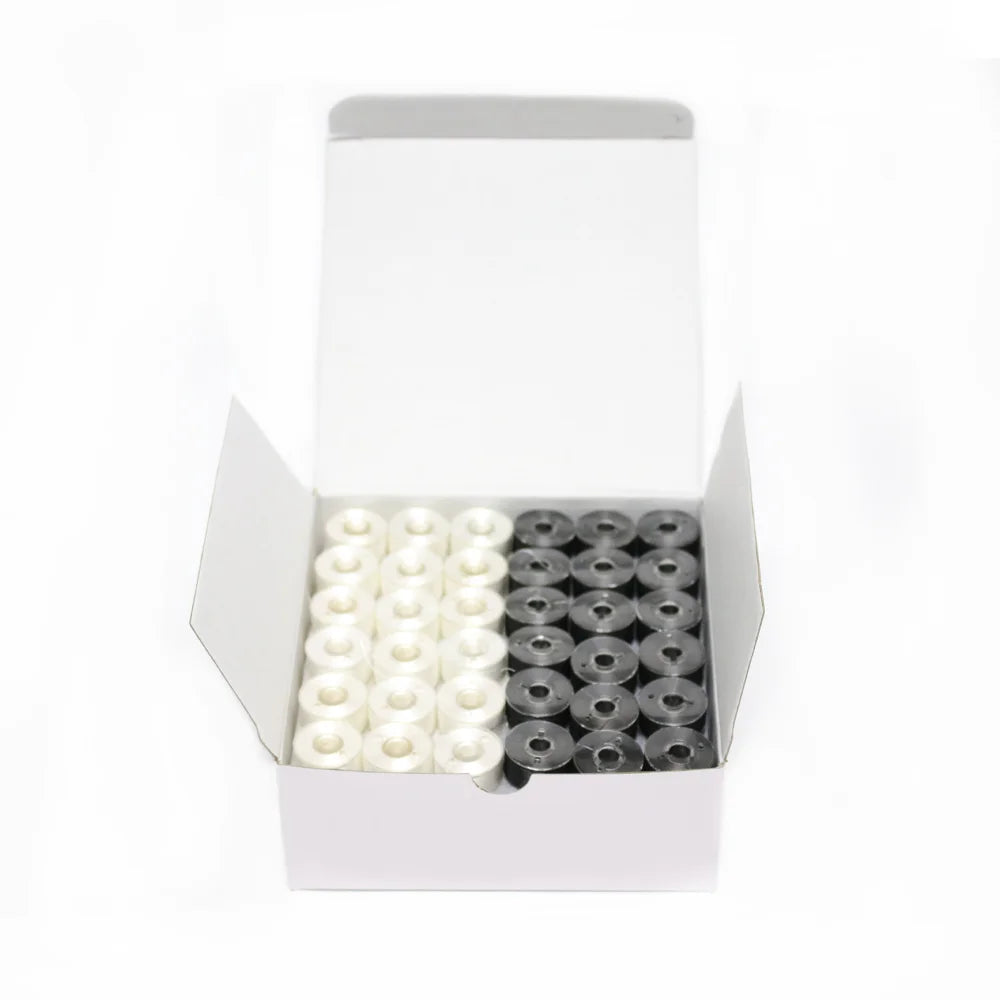 A white box containing 144 polyester embroidery bobbin threads, separated into white and black groups.