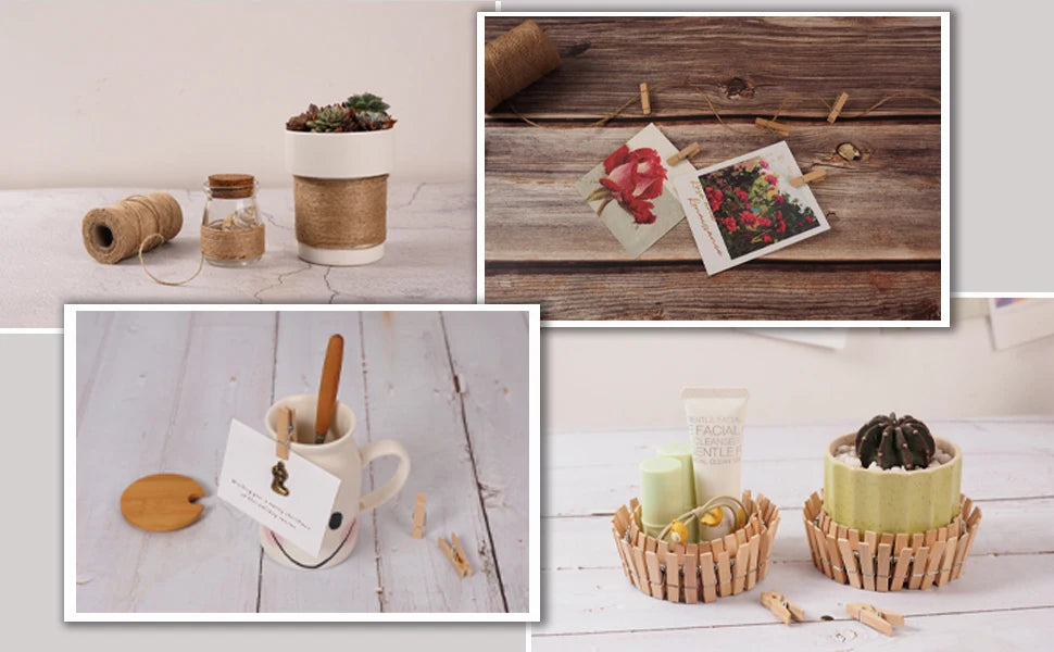 Mini wooden clothespins with jute twine displayed on a wooden surface.