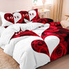 A set of three romantic floral print duvet covers featuring red roses and heart designs on white fabric.