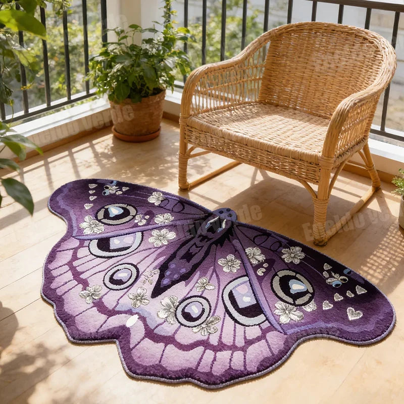 A purple irregular shaped plush floor rug with a detailed butterfly pattern rests on a light wooden floor.