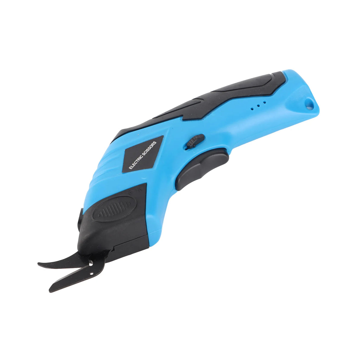 A blue cordless electric scissors tool with a black handle and cutting blades.