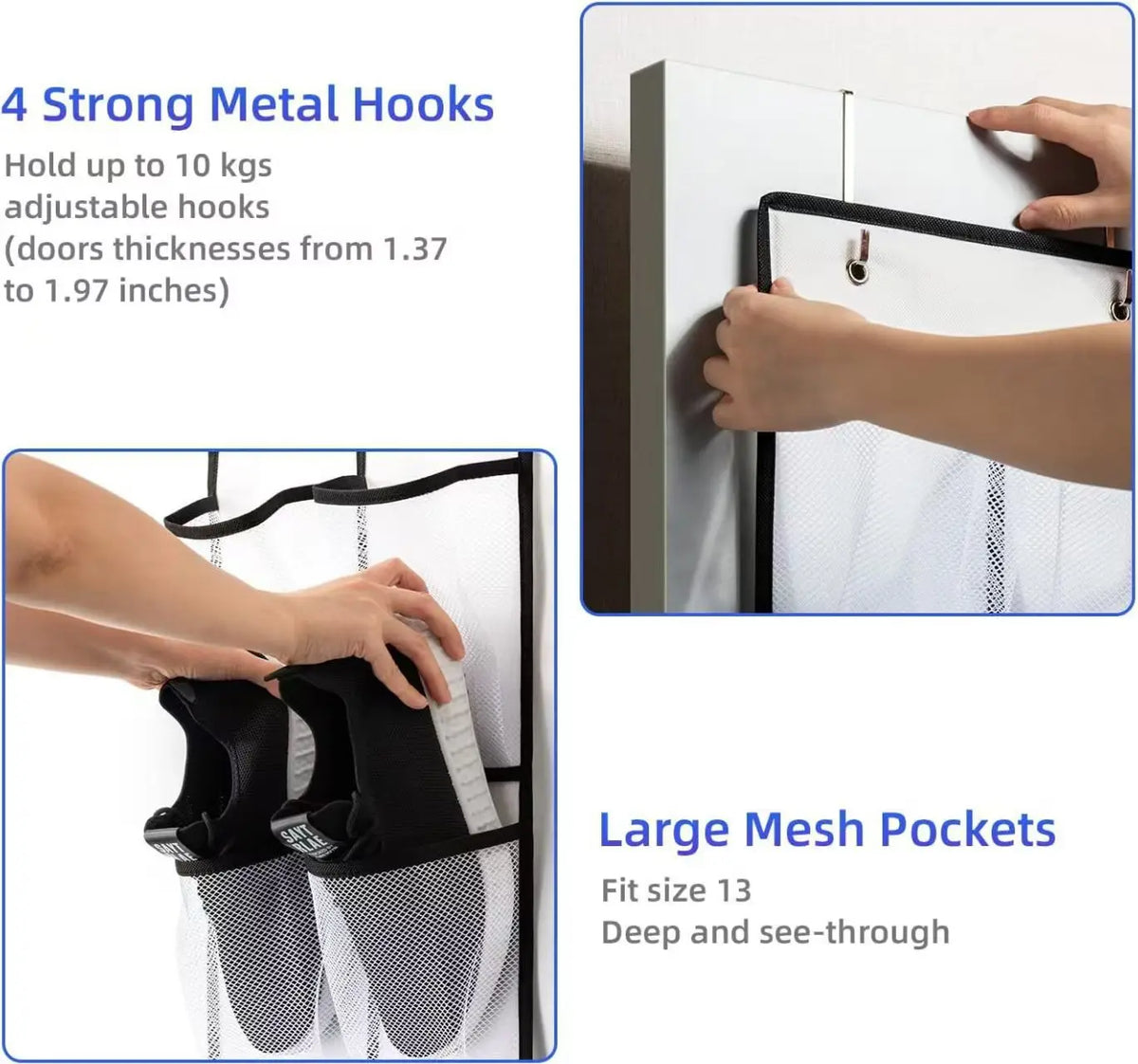 Over-the-door shoe organizer with strong metal hooks and large mesh pockets for shoes
