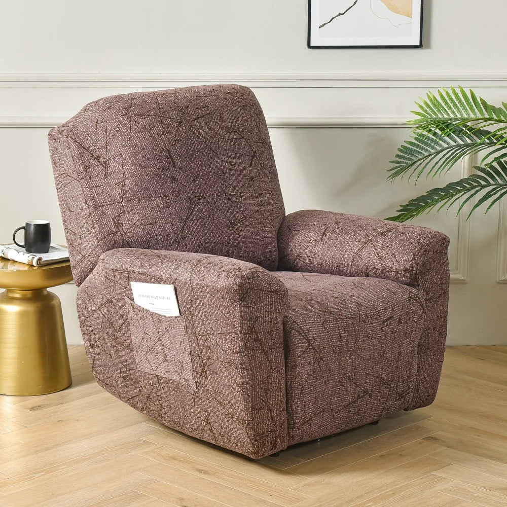 A brown floral print recliner chair is shown in a living room setting.