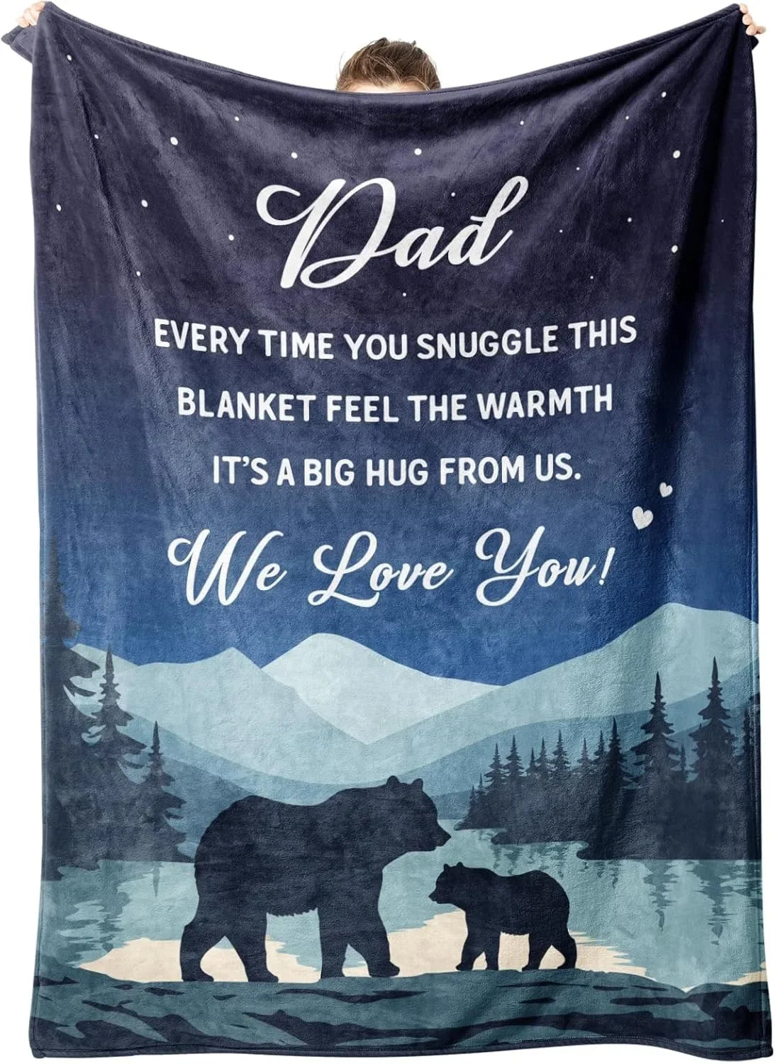 Dark blue blanket featuring a silhouette of a bear and a wolf against a mountain landscape with text that says Dad We Love Yo