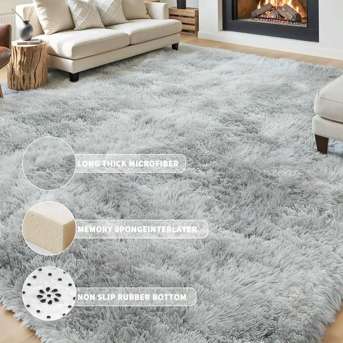 A gray plush long-pile area rug with a memory sponge interlayer and non-slip rubber bottom.