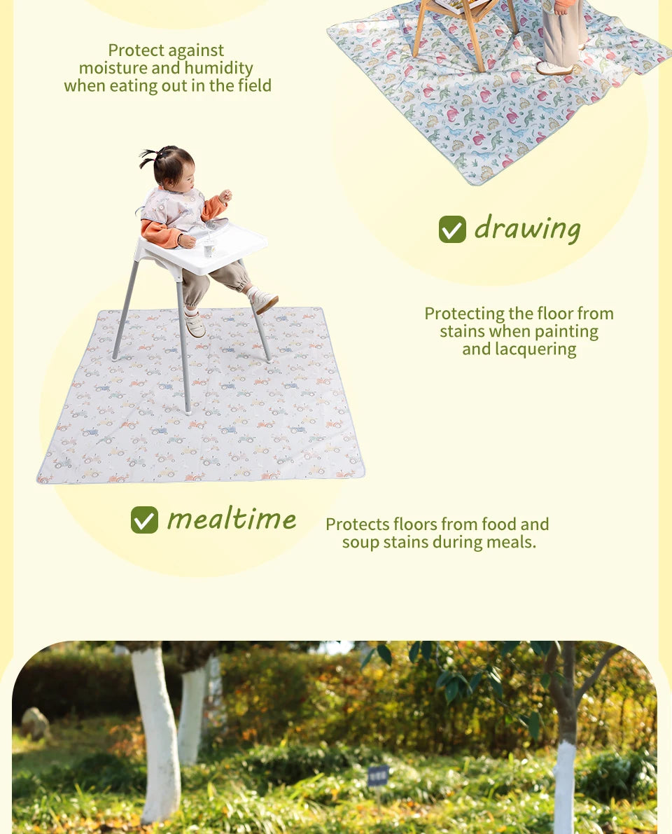 A baby is sitting on a waterproof play mat designed to protect the floor from spills and stains.