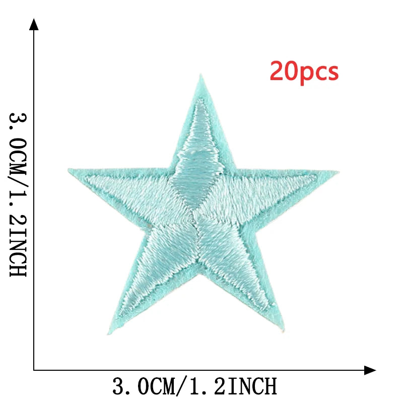 A set of 20 five-pointed star embroidery patches in a light aqua blue color.