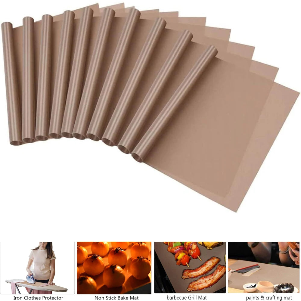 Rolls of reusable PTFE heat press transfer sheets in a beige color displayed alongside related crafting items.
