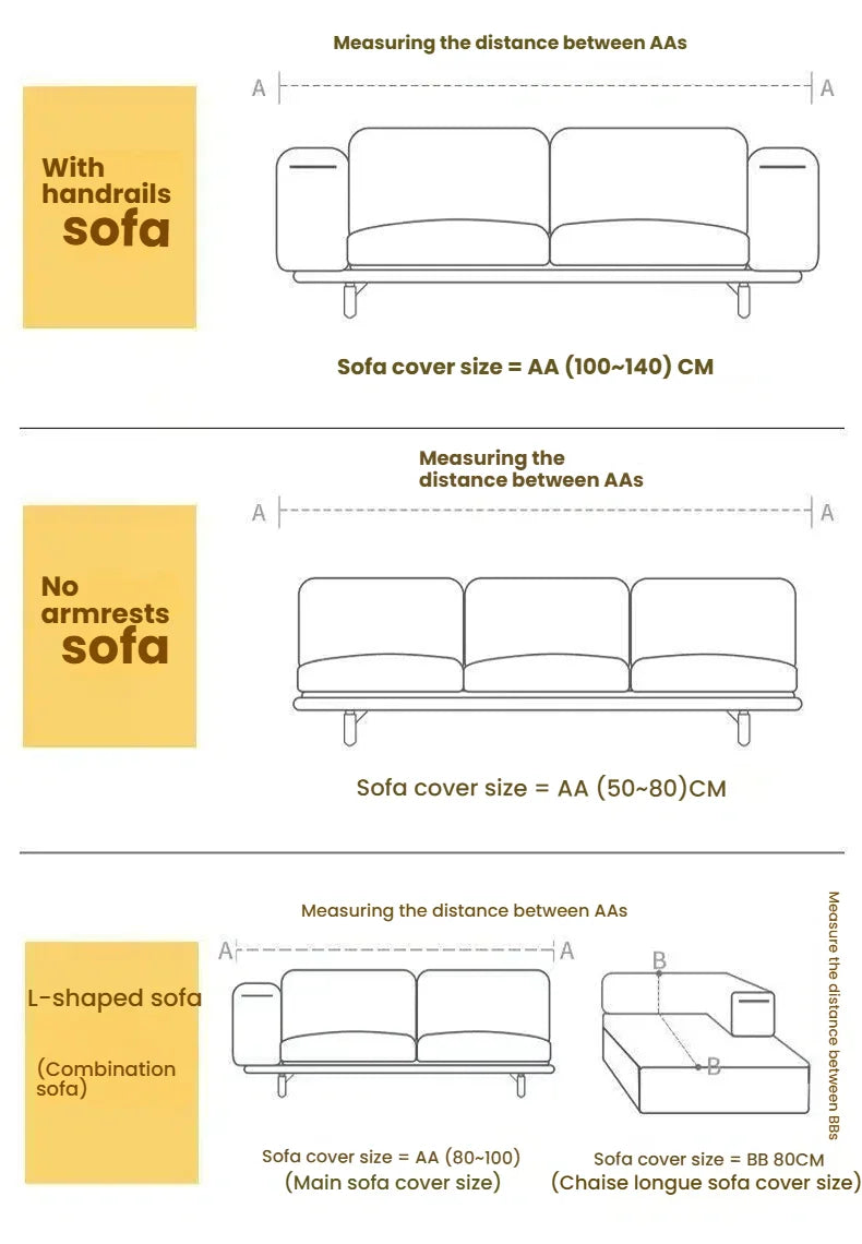 Diagrams showing measurements for different sofa types including with handrails, no armrests, and L-shaped combinations