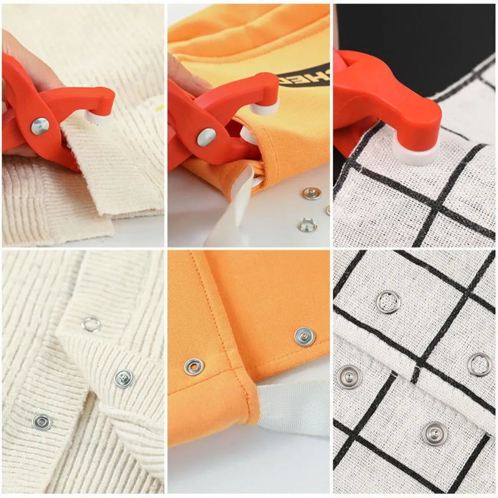 Close-up view of orange and white fabric being fastened using red snap fastener crimping pliers and a crochet hook.