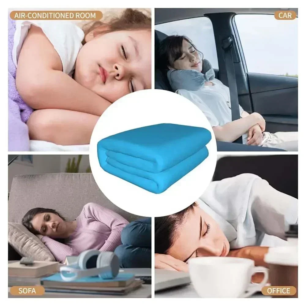 A collection of blue flannel blankets shown in various contexts including a car, air-conditioned room, sofa, and office setti