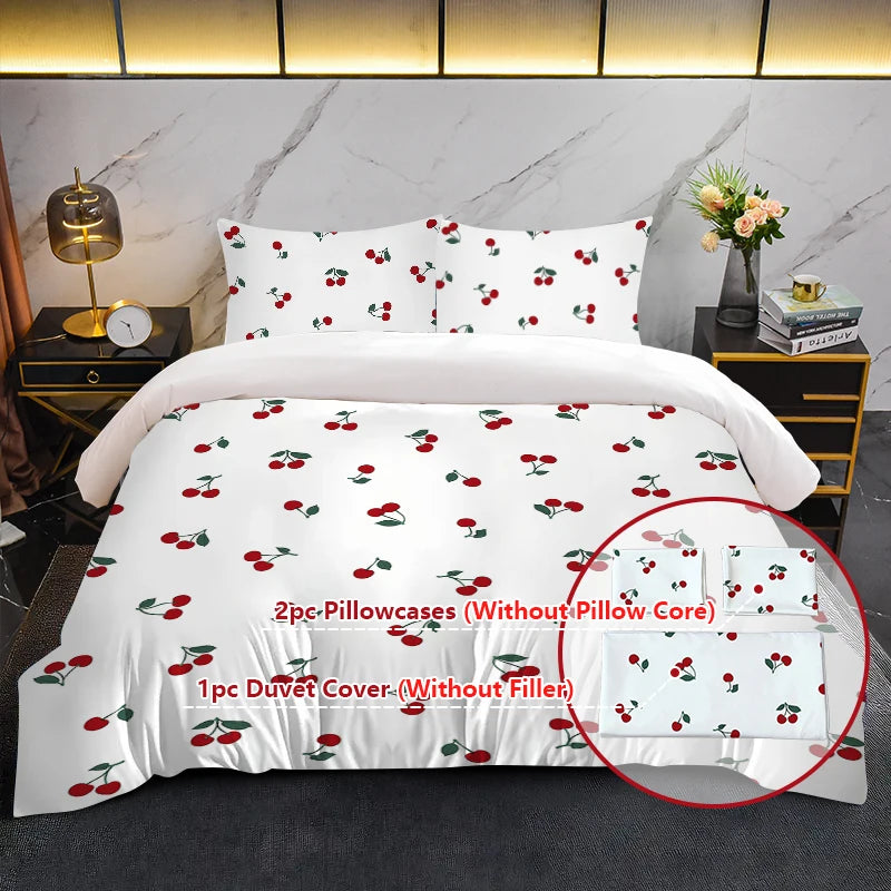 White fruit print duvet cover set including two pillowcases and one duvet cover