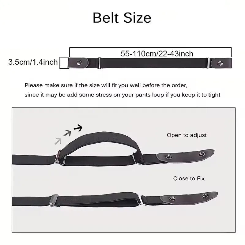 Image showing a black stretch elastic belt size guide with measurements and examples of open and closed configurations.