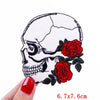 Embroidered skull iron-on patch featuring a detailed skull design with red roses on white fabric