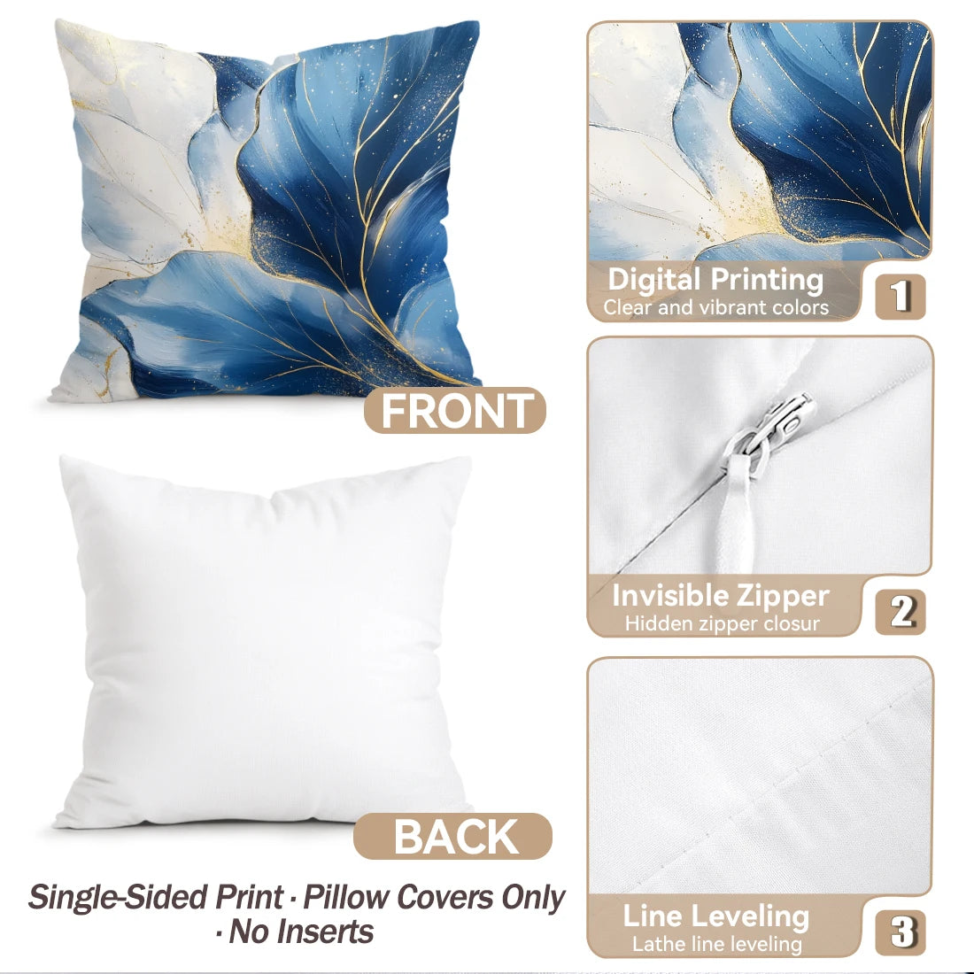 Front and back views of abstract blue and white leaf print pillow covers showing digital printing, invisible zipper, and line