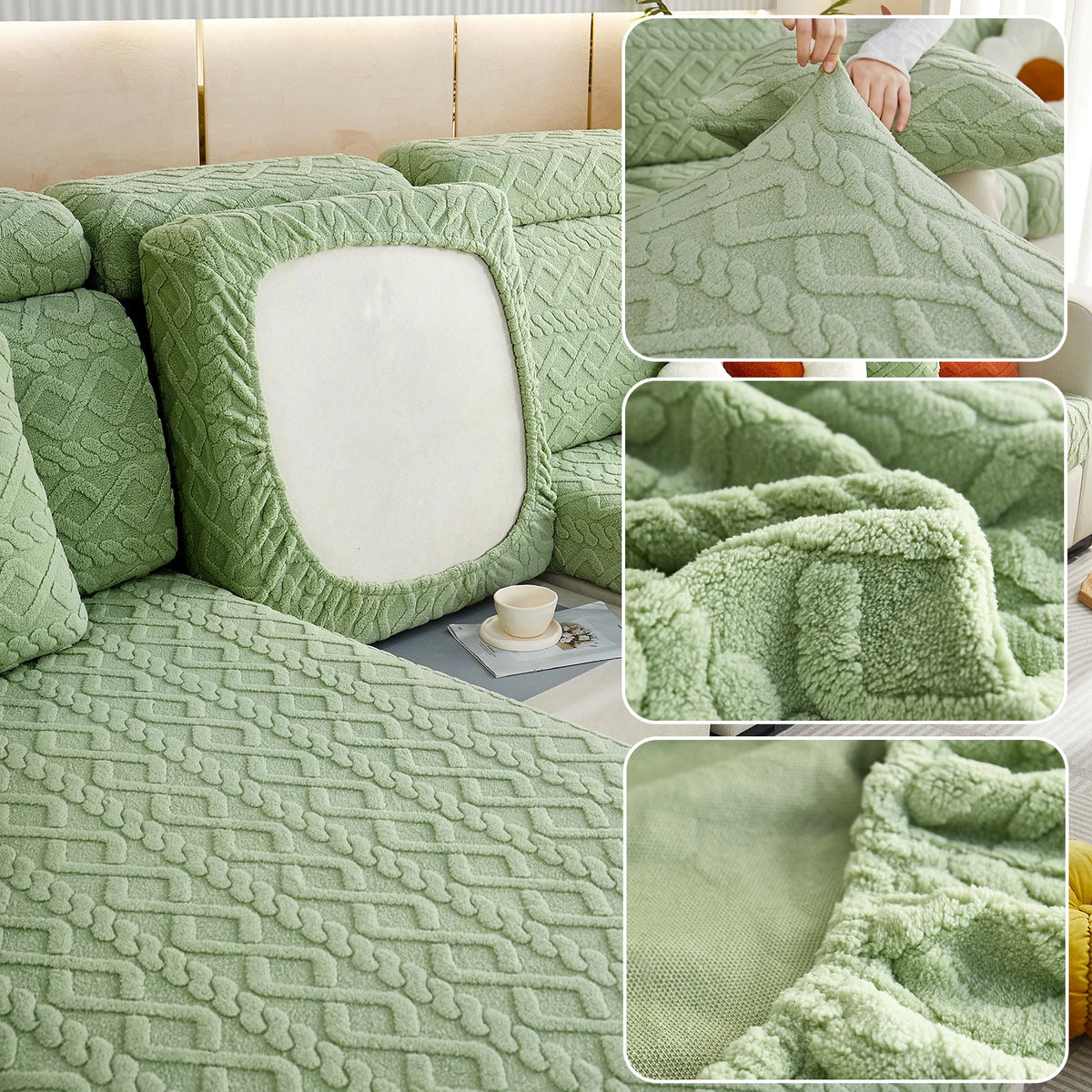A textured moss green plush velvet sofa cover with a quilted pattern and a smooth white backing.