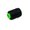 A spool of black hand sewing thread with a bright lime green core.