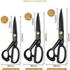 A set of heavy duty industrial tailor scissors in black showing various sizes and dimensions.