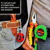 A close-up of an orange and green belt tool assistant with a knife and pliers, shown next to denim fabric.