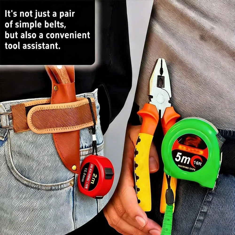A close-up of an orange and green belt tool assistant with a knife and pliers, shown next to denim fabric.