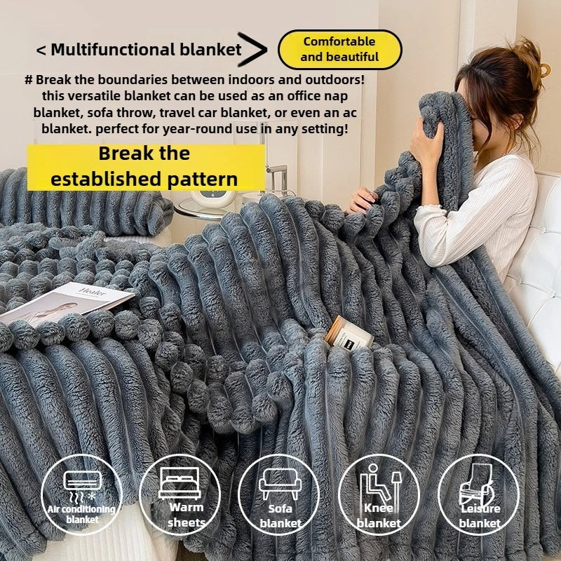 A gray fluffy blanket is shown draped over a sofa, with various uses like an office nap blanket and travel blanket displayed.
