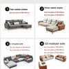 Guide showing four types of combination sofas: two-seater, three-seater chaise, U-shaped sofa, and 123 modular sofa.