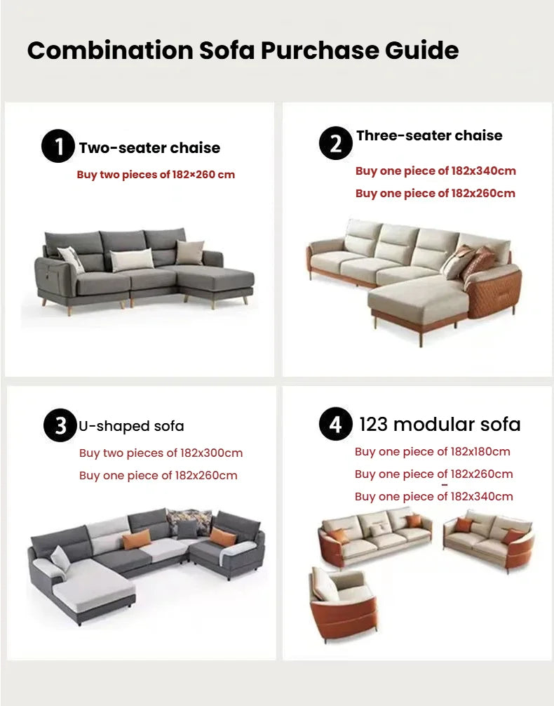 Guide showing four types of combination sofas: two-seater, three-seater chaise, U-shaped sofa, and 123 modular sofa.