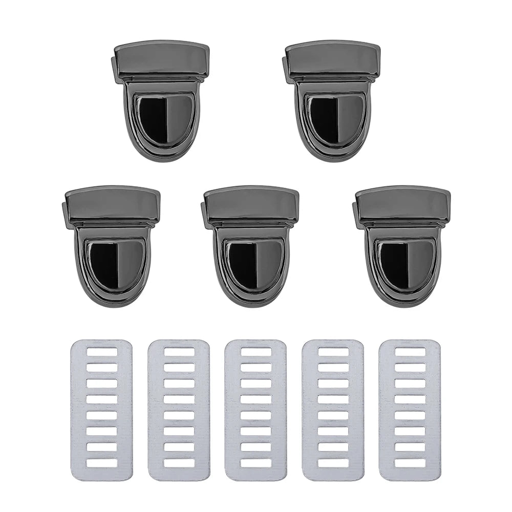 A set of five silver metal bag lock clasps for handbags and totes.