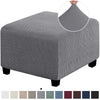 Gray square jacquard footrest ottoman slipcover with a circular inset showing the fabric texture.