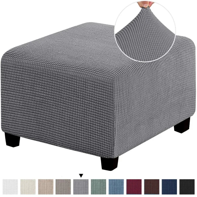 Gray square jacquard footrest ottoman slipcover with a circular inset showing the fabric texture.