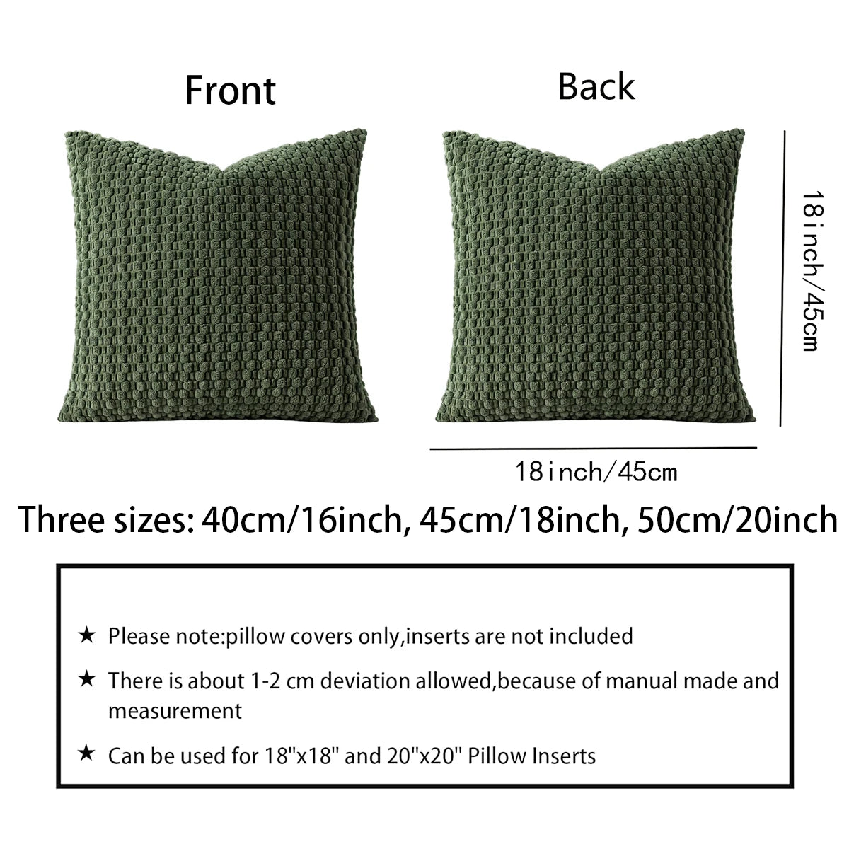 Front and back views of a moss green textured pillow cover with a quilted pattern.