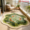 A round rug featuring an orange and white koi fish pattern placed on a light wooden floor.