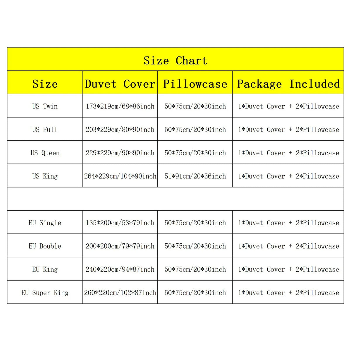 Size chart for duvet covers and pillowcases including US Twin, Full, Queen, King, and EU Single, Double, and King sizes.