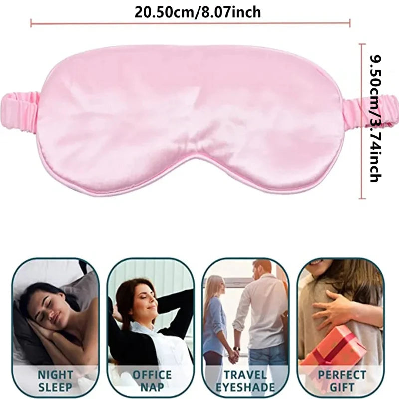 Pink silk sleep mask with elastic straps shown in various usage contexts like night sleep, office nap, travel, and gift.