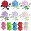 A set of embroidered iron-on patches featuring various shades of pink, purple, and blue roses.