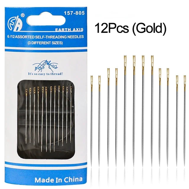 A package of 12 gold-colored self-threading sewing needles for various fabrics.