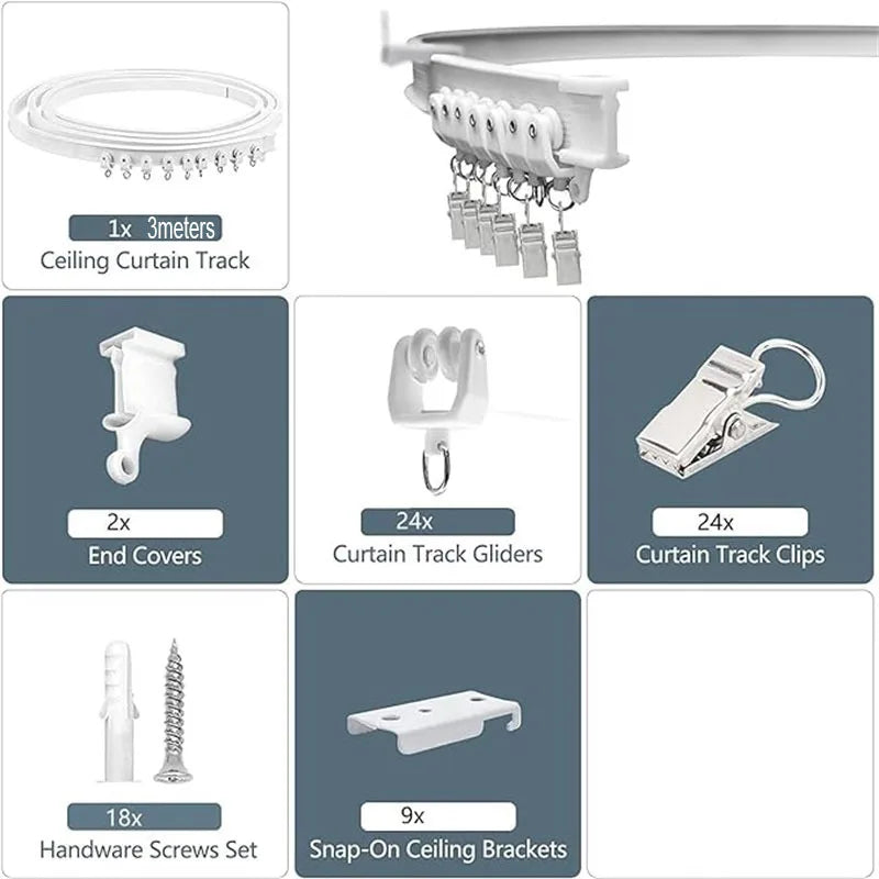 A set of curtain track hardware including covers, gliders, clips, and brackets for flexible bendable curtain tracks.