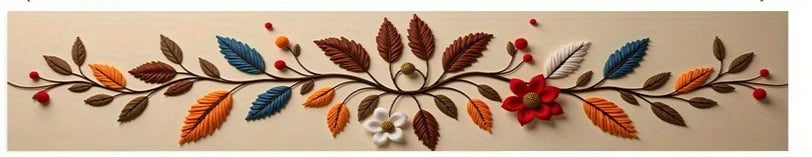 A decorative floral branch featuring various autumn-toned leaves and berries used as a table runner design.