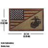 An embroidered patch featuring the American flag and a silhouette of a trident on a tan background.
