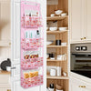 Pink foldable over-the-door storage organizer with multiple compartments for pantry items