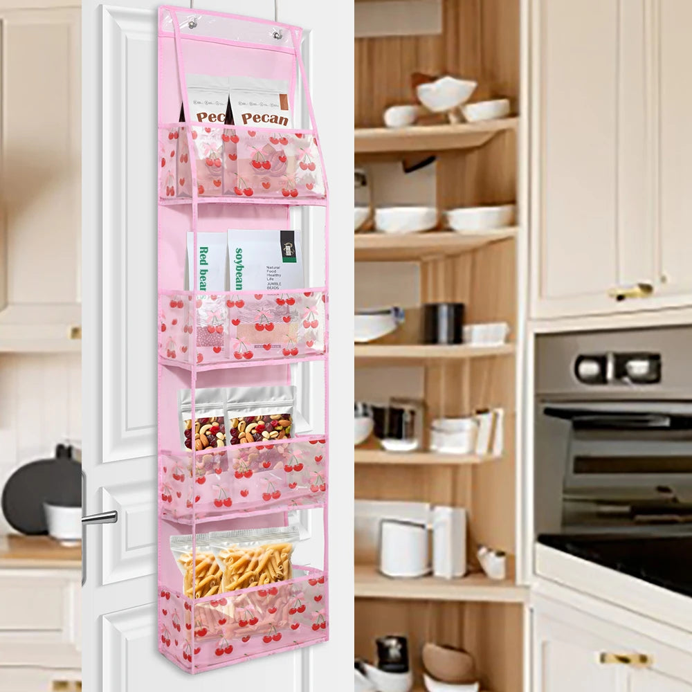 Pink foldable over-the-door storage organizer with multiple compartments for pantry items
