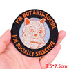 Black embroidered iron-on patch featuring a cartoon cat design with the text I'm not anti-social I'm socially selective